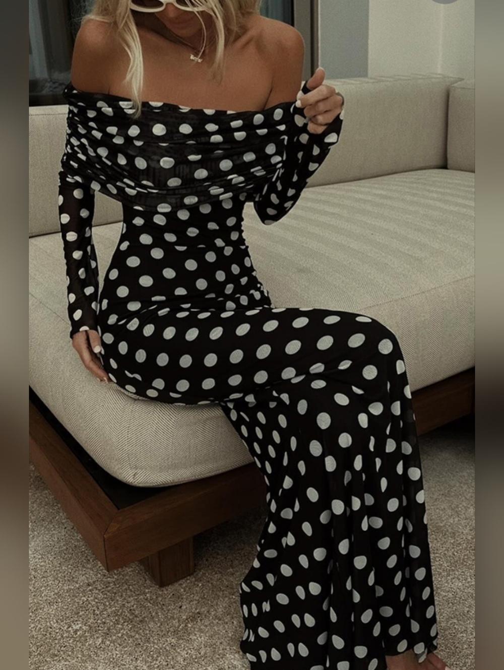 NWOT Long-Sleeve, Off-the-Shoulder, Maxi Dress, Black & White Polka Dot -  XL
